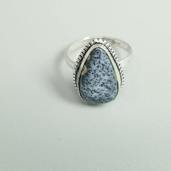Vintage Blue Speckled Drop Shape Ring, Silver Tone Bezel Set Size 9 Band - Picture 6 of 8